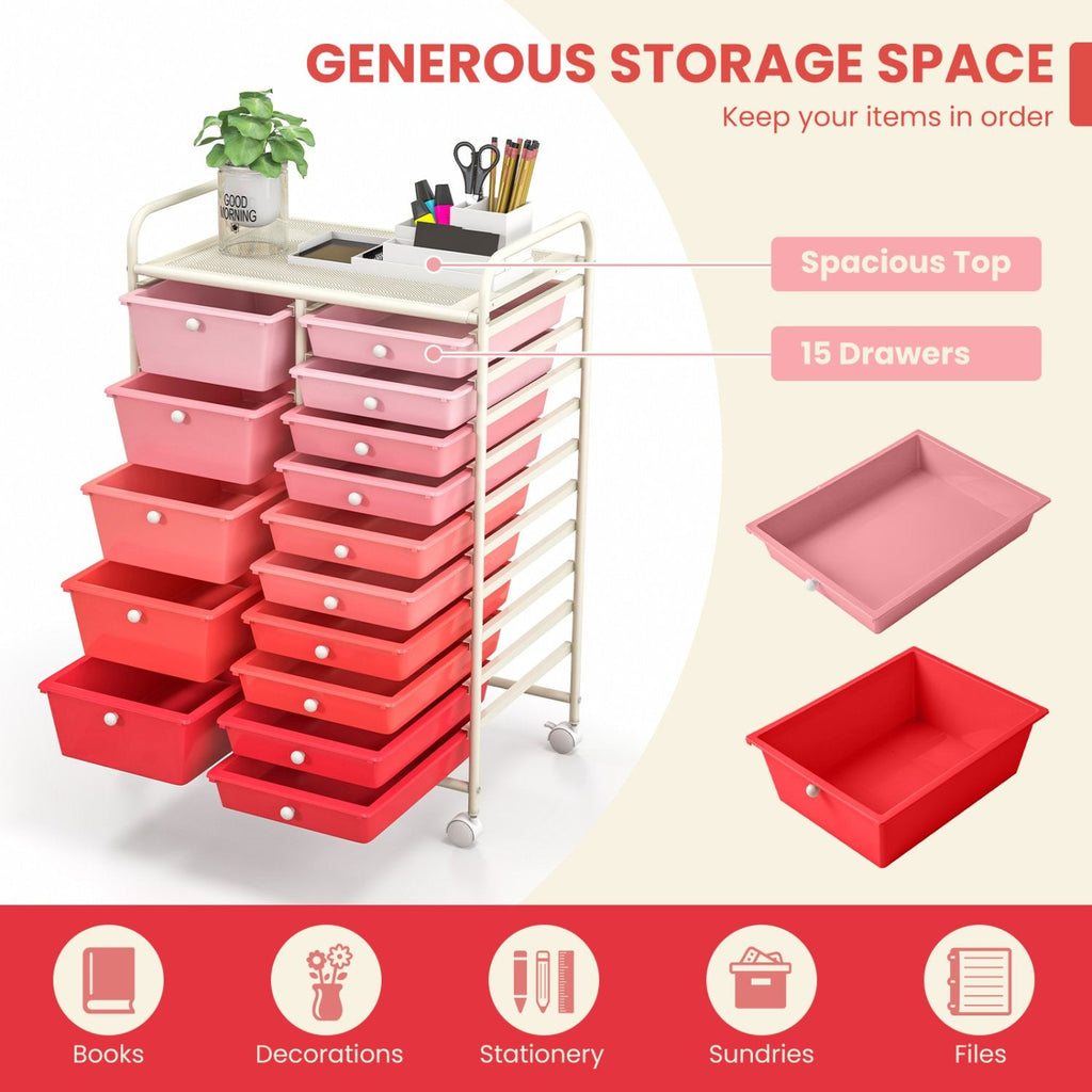 15-Drawer Utility Rolling Organizer Cart Multi-Use Storage-Pink