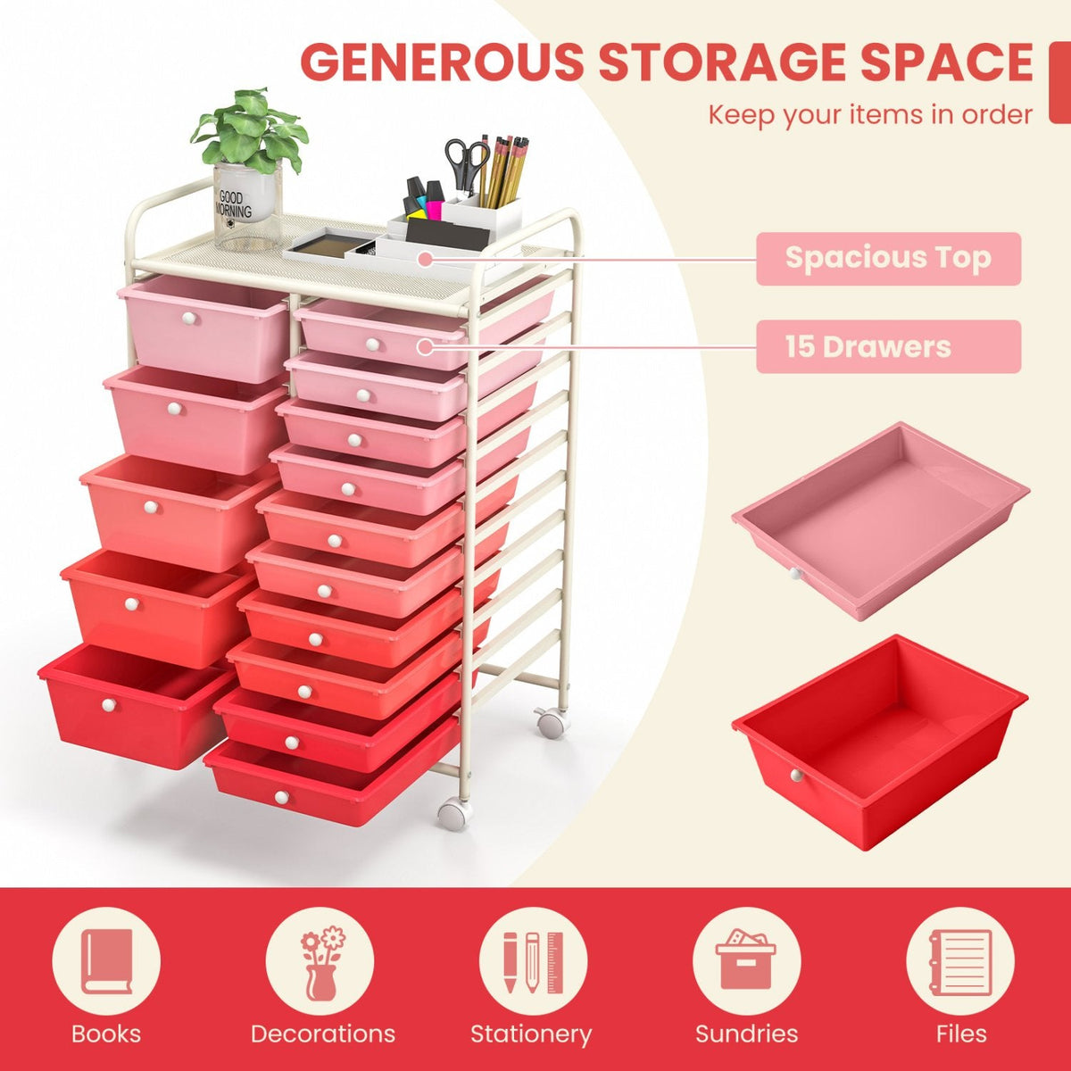 15-Drawer Utility Rolling Organizer Cart Multi-Use Storage-Pink