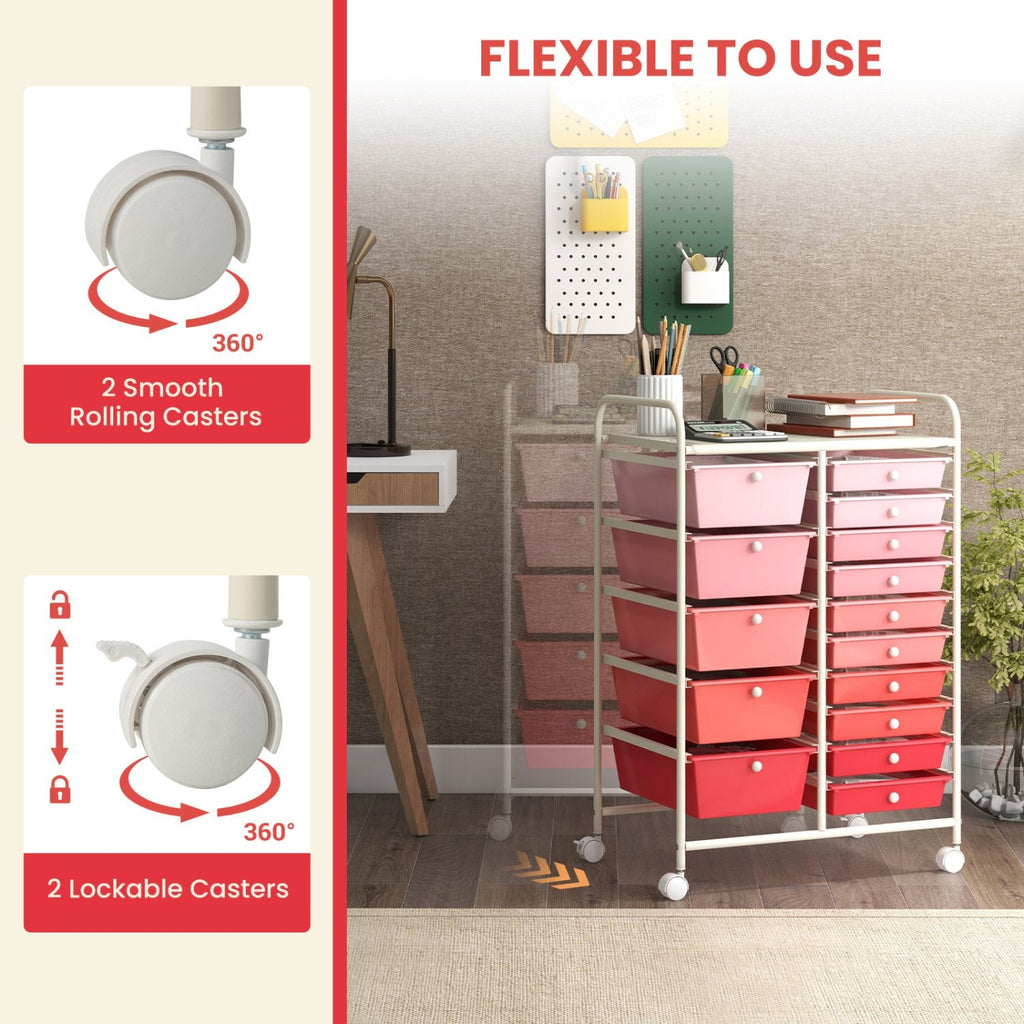 15-Drawer Utility Rolling Organizer Cart Multi-Use Storage-Pink