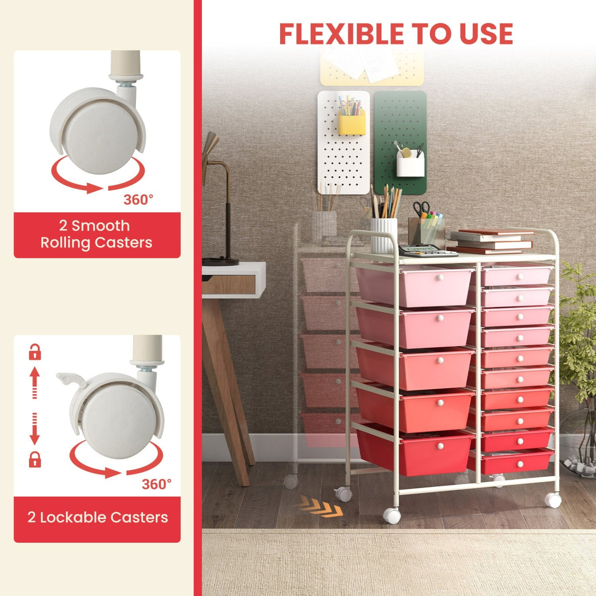 15-Drawer Utility Rolling Organizer Cart Multi-Use Storage-Pink