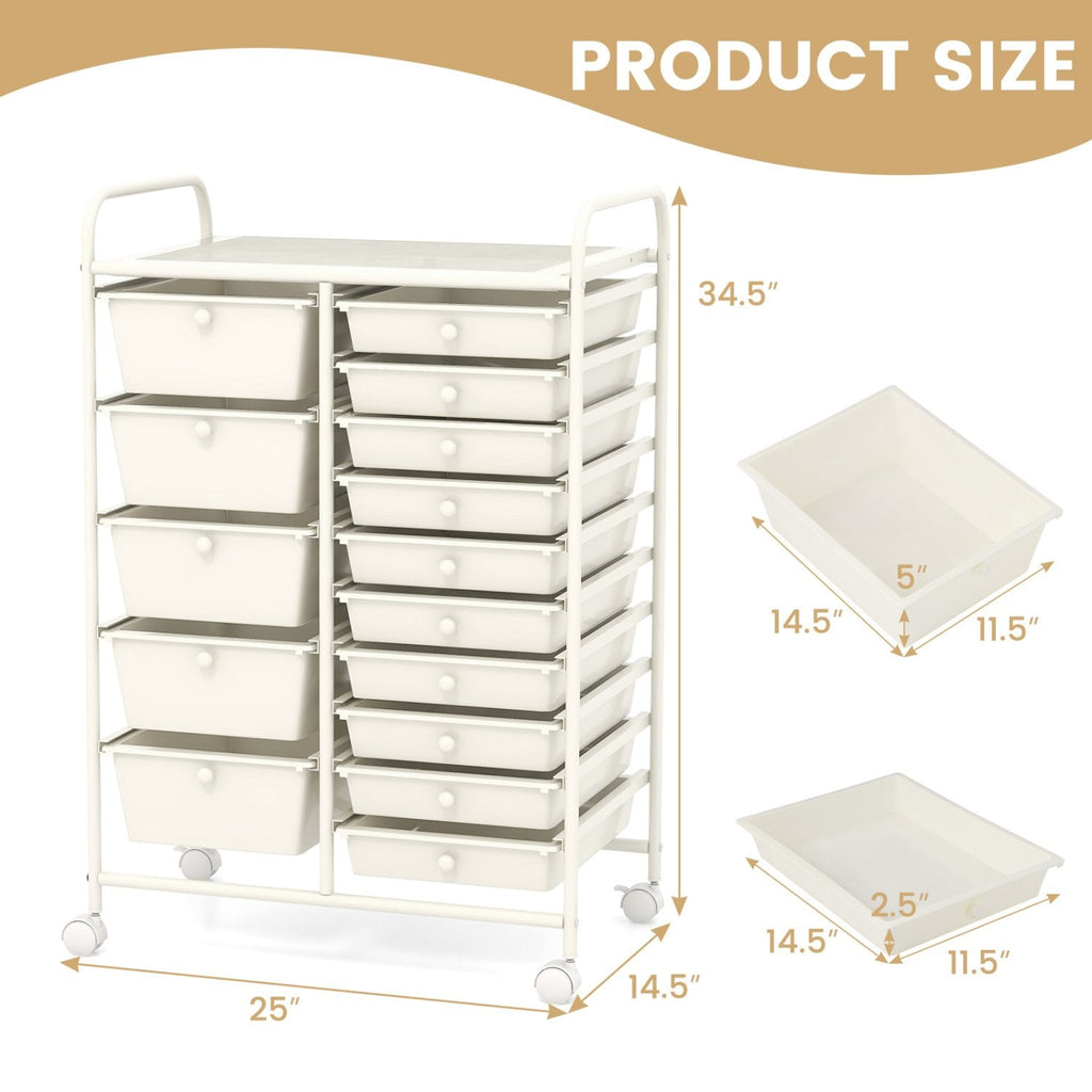 15-Drawer Utility Rolling Organizer Cart Multi-Use Storage-White