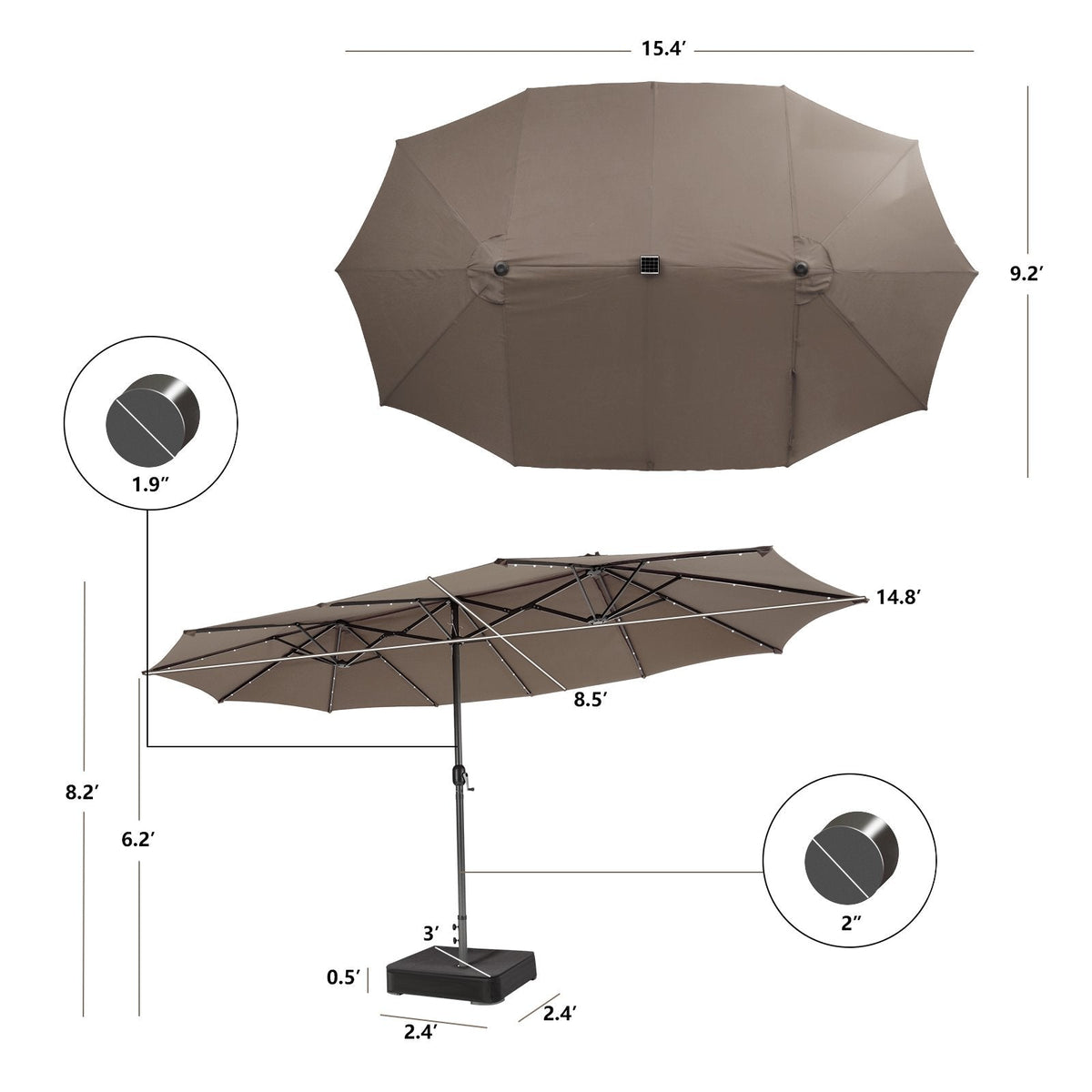 15 Feet Double-Sided Patio Umbrella with 48 LED Lights-Brown