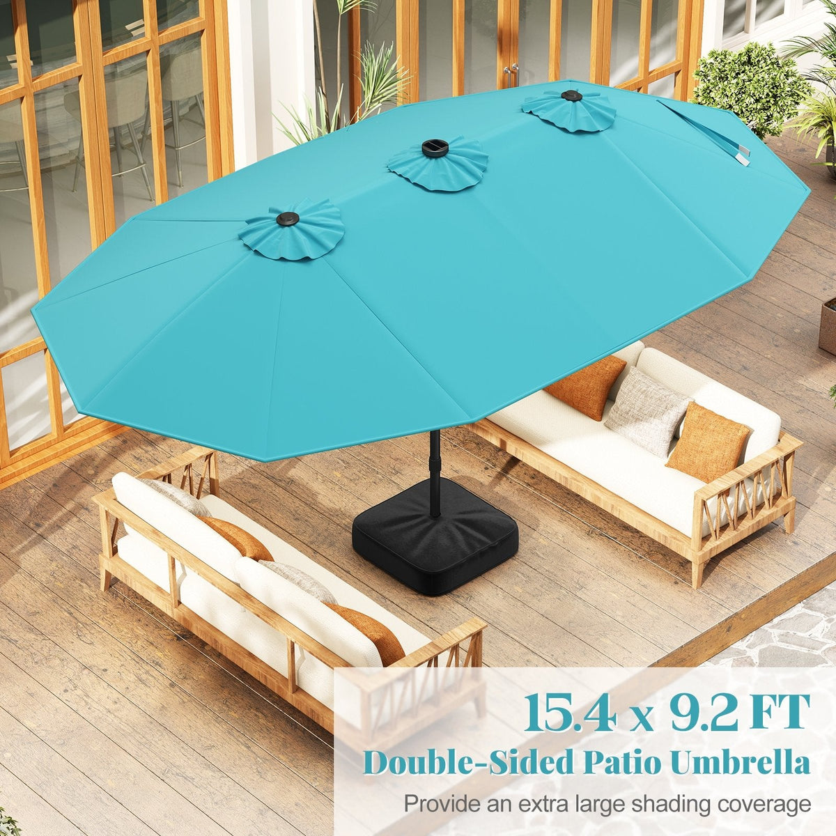 15 Feet Double-Sided Patio Umbrella with 48 LED Lights-Turquoise