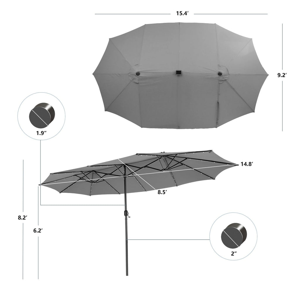 15 Feet Twin Patio Umbrella with 48 Solar LED Lights-Gray