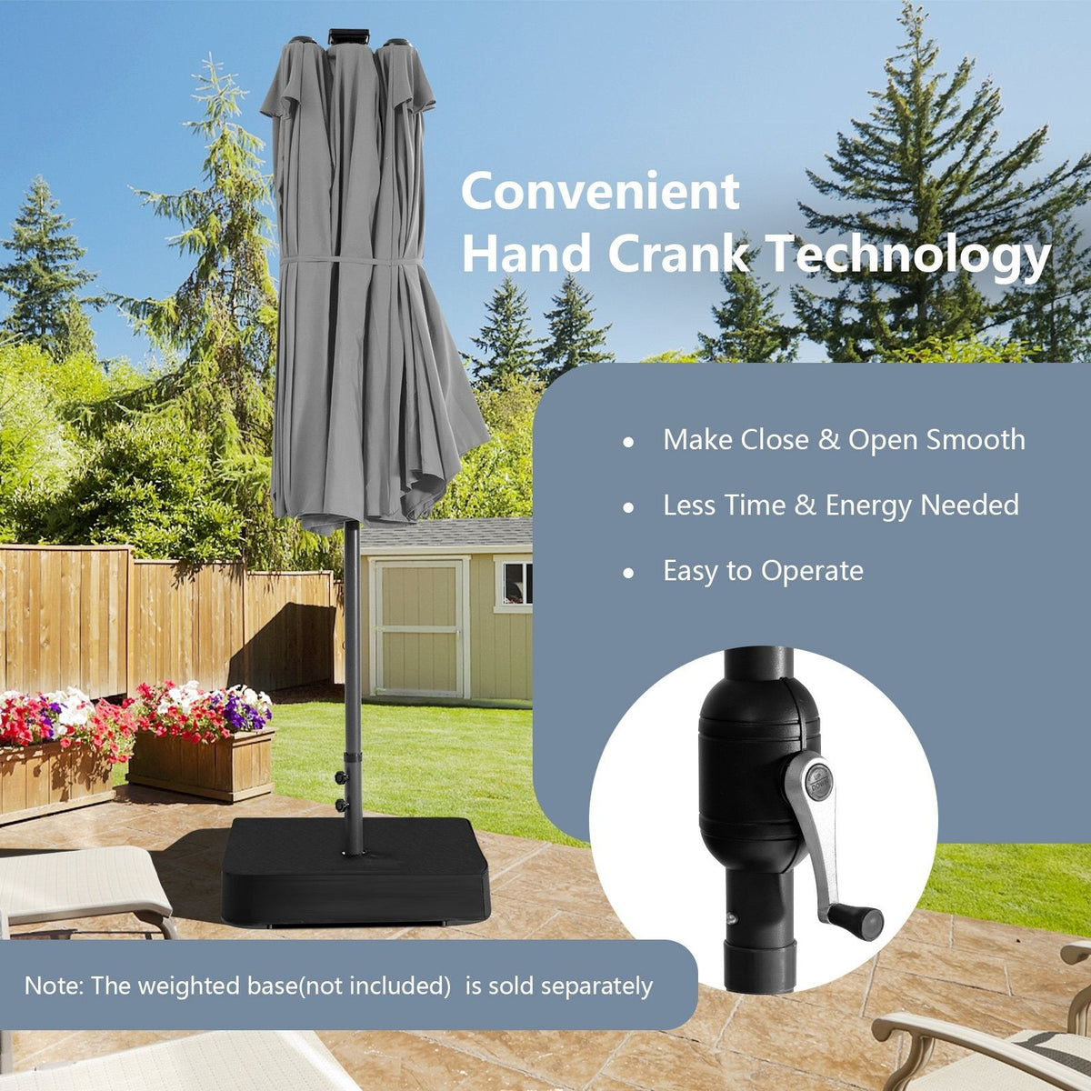 15 Feet Twin Patio Umbrella with 48 Solar LED Lights-Gray