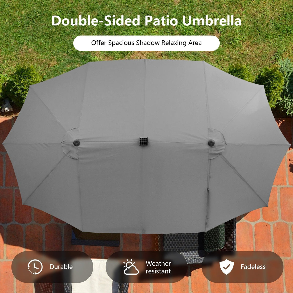 15 Feet Twin Patio Umbrella with 48 Solar LED Lights-Gray