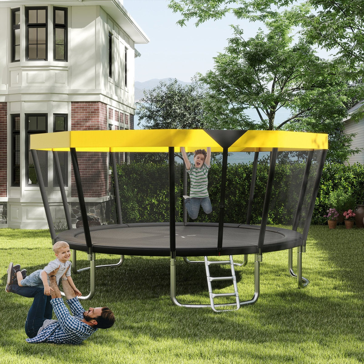 15 FT Outdoor Trampoline ASTM Compliant Recreational Trampoline with Non-Slip Ladder-Yellow