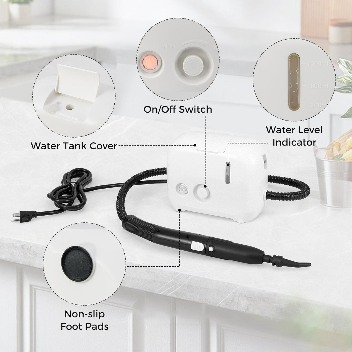 1500W Portable Steam Cleaner with 34 oz Water Tank-White