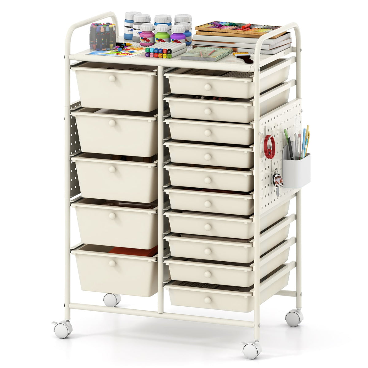 15-Drawer Rolling Storage Cart with Metal Tabletop and Pegboard-White