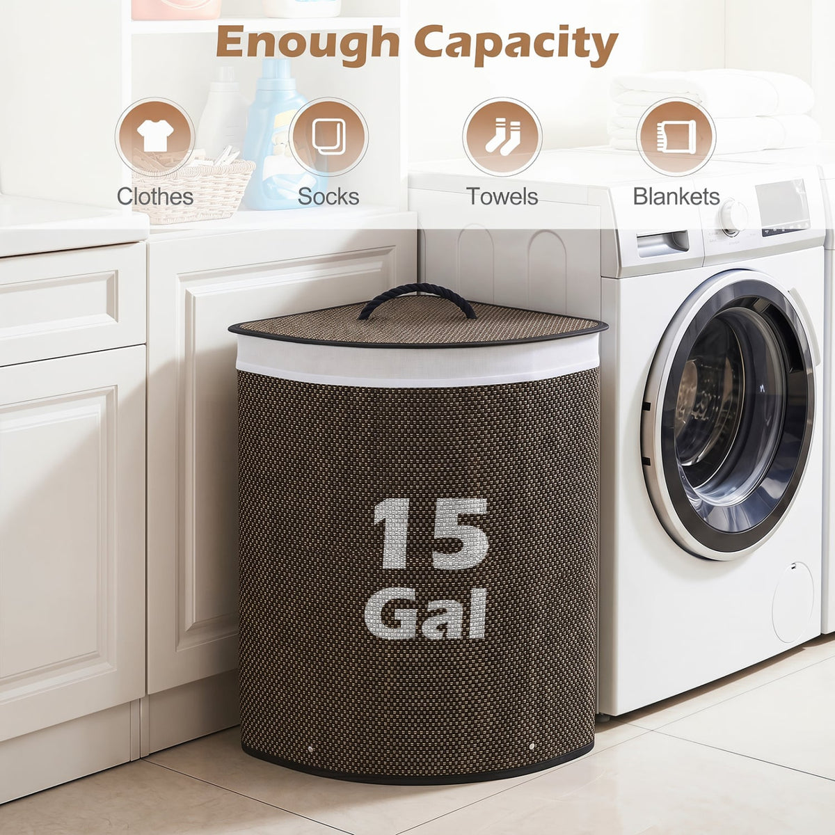 15 Gal Capacity Bamboo Laundry Hamper with Removable Liner-Black
