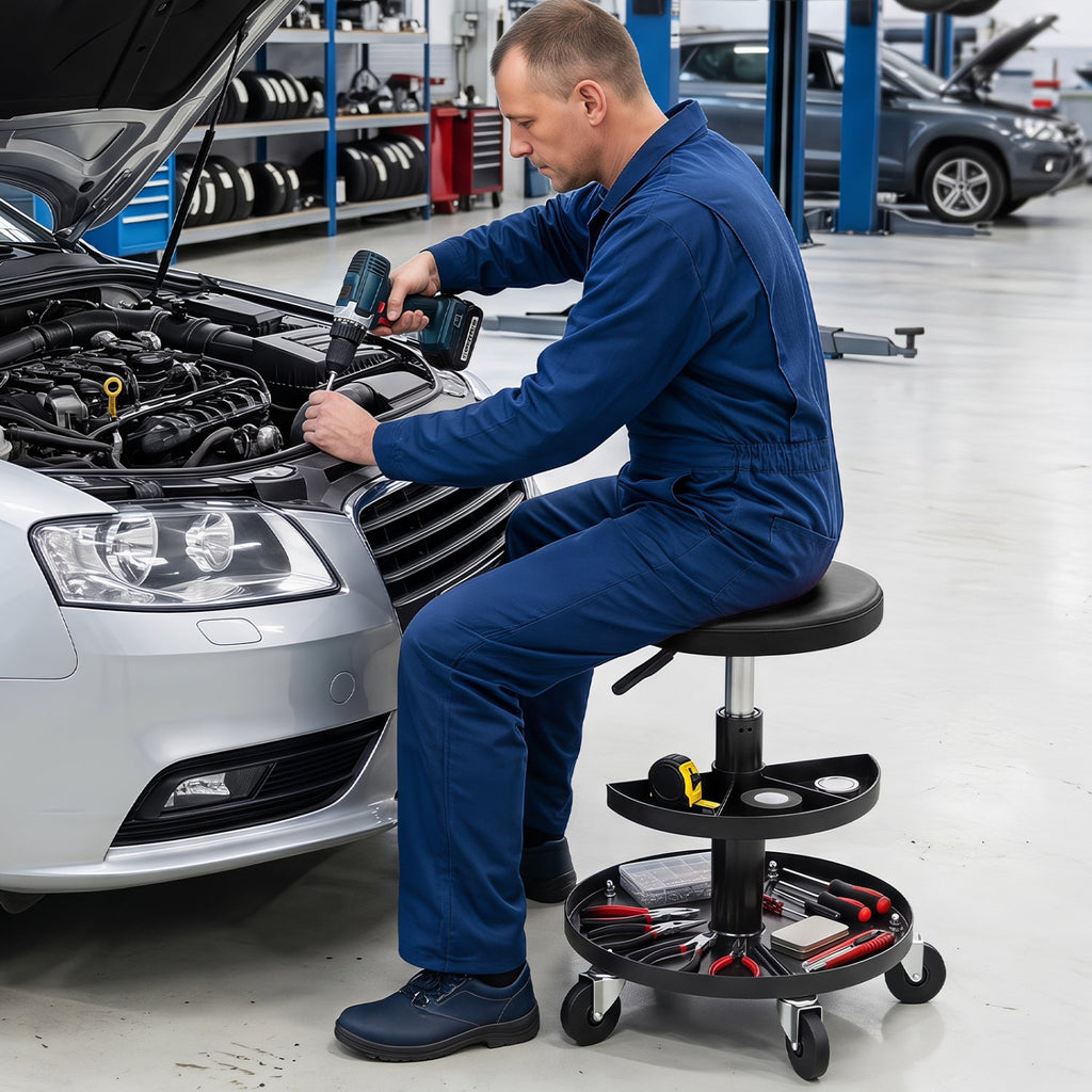 16.5 inches-22 inches Adjustable Height Seat Rolling Mechanic Stool with Wheels-Black