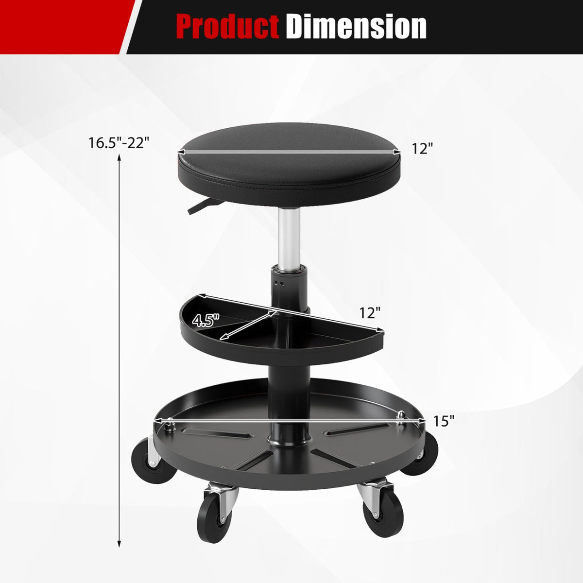 16.5 inches-22 inches Adjustable Height Seat Rolling Mechanic Stool with Wheels-Black