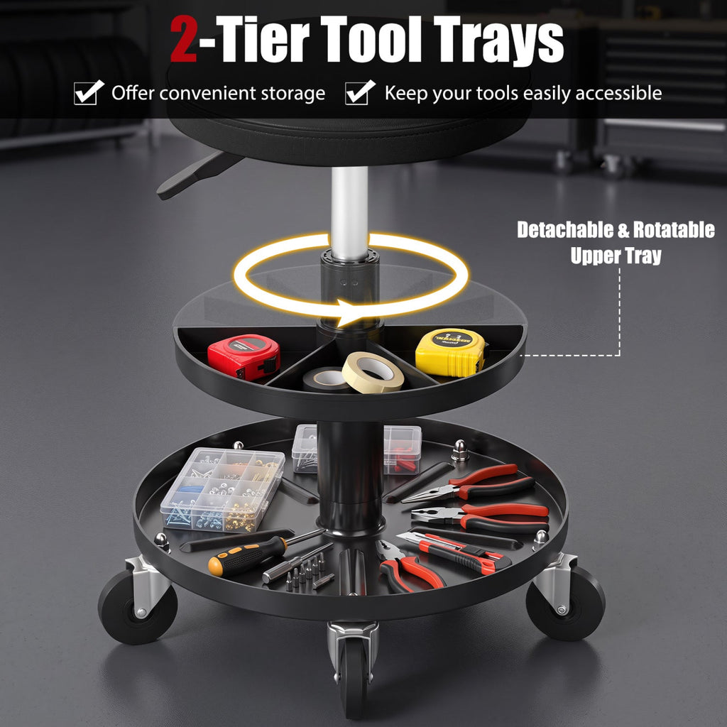16.5 inches-22 inches Adjustable Height Seat Rolling Mechanic Stool with Wheels-Black