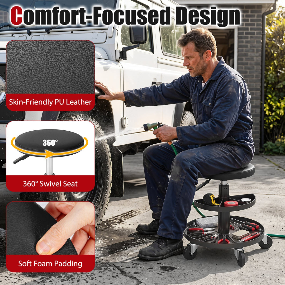 16.5 inches-22 inches Adjustable Height Seat Rolling Mechanic Stool with Wheels-Black