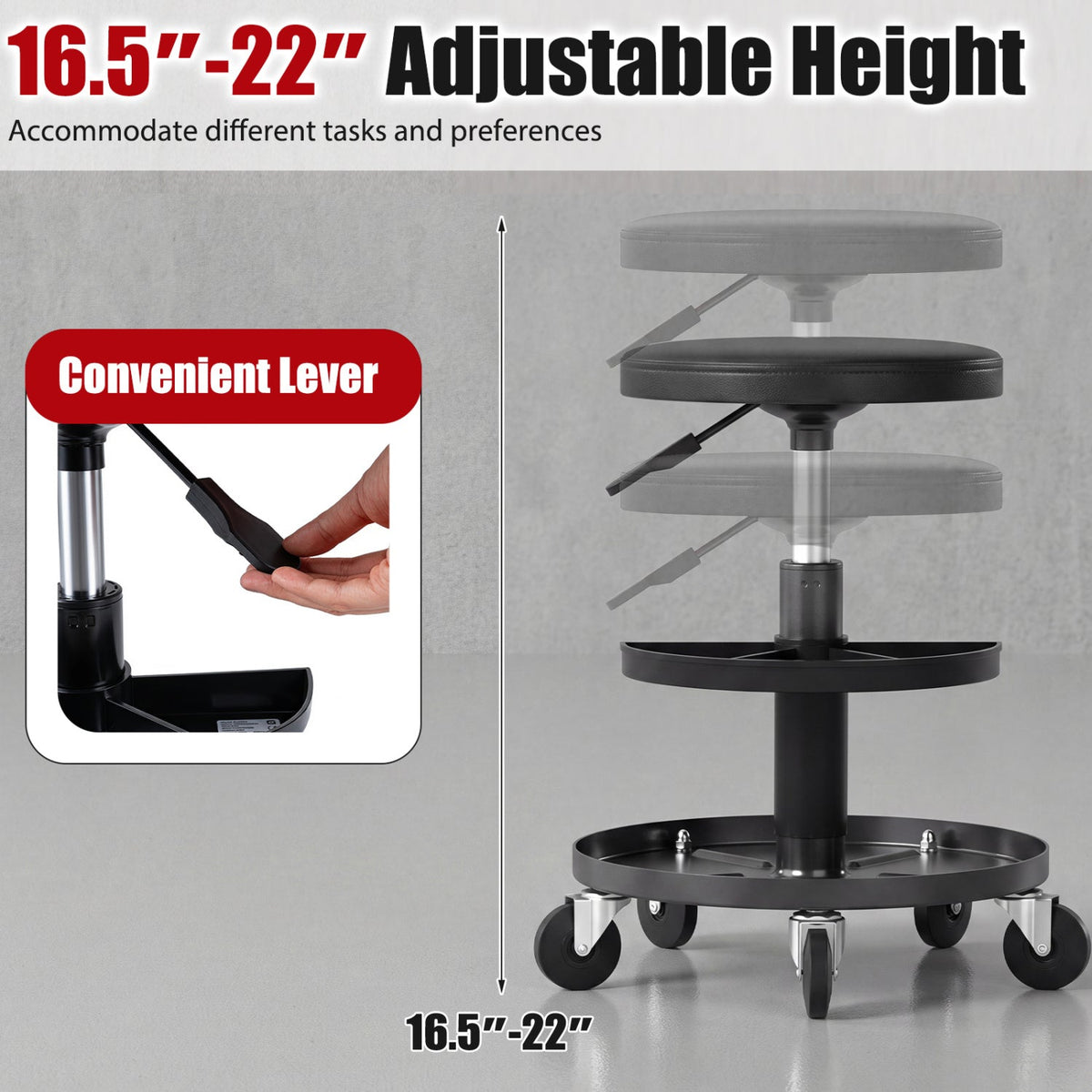 16.5 inches-22 inches Adjustable Height Seat Rolling Mechanic Stool with Wheels-Black