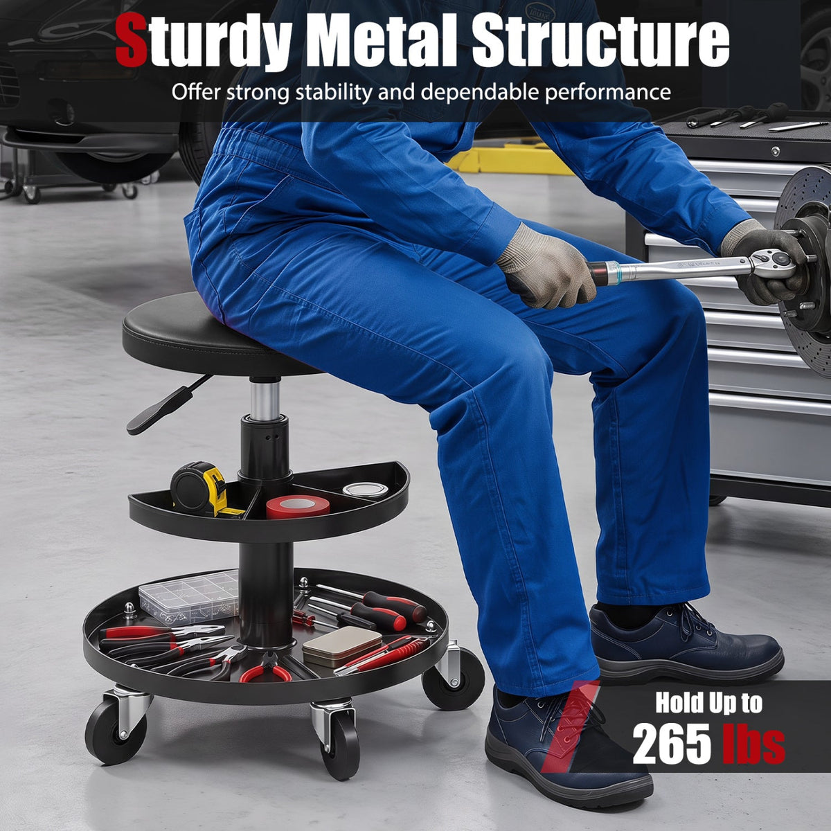 16.5 inches-22 inches Adjustable Height Seat Rolling Mechanic Stool with Wheels-Black