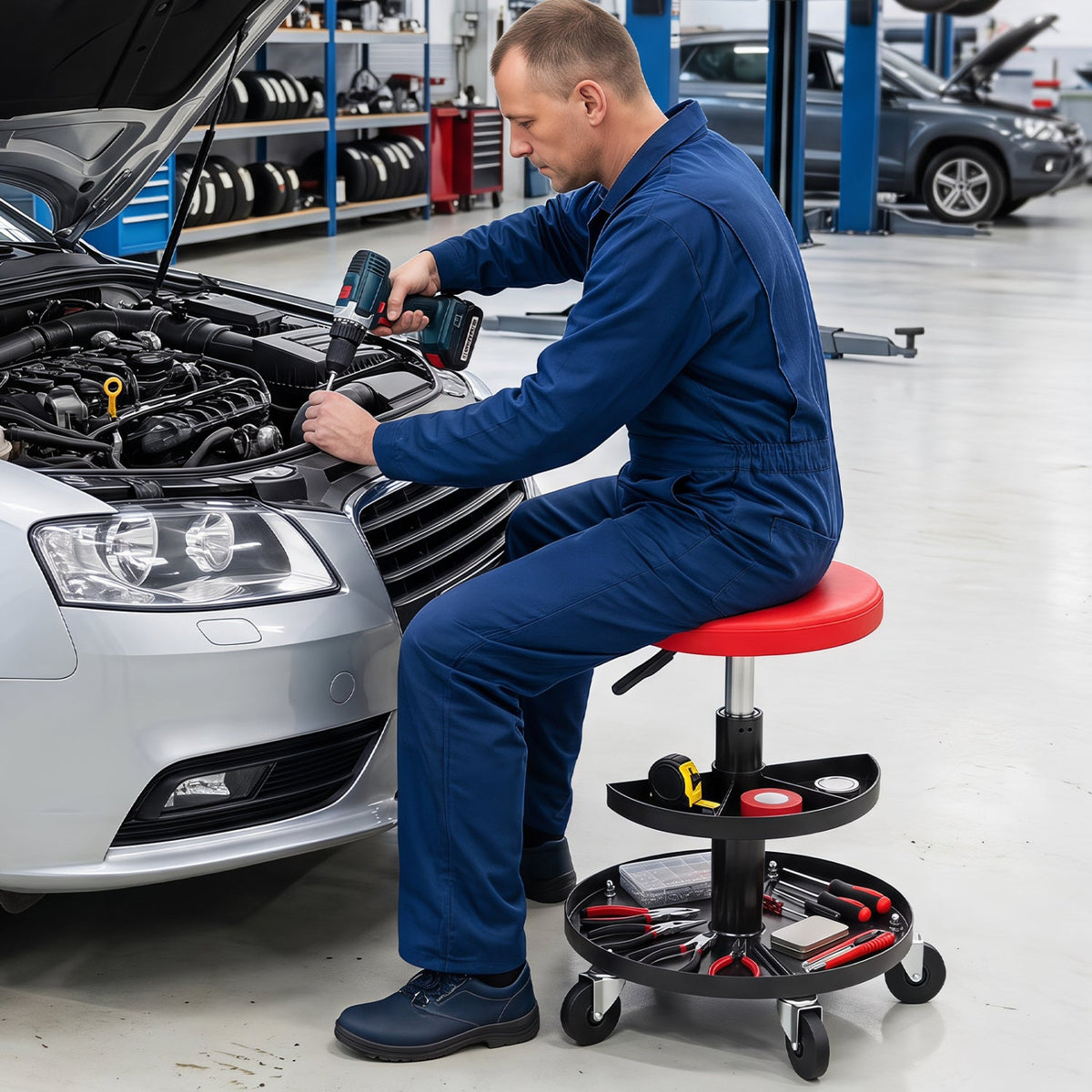 16.5 inches-22 inches Adjustable Height Seat Rolling Mechanic Stool with Wheels-Red