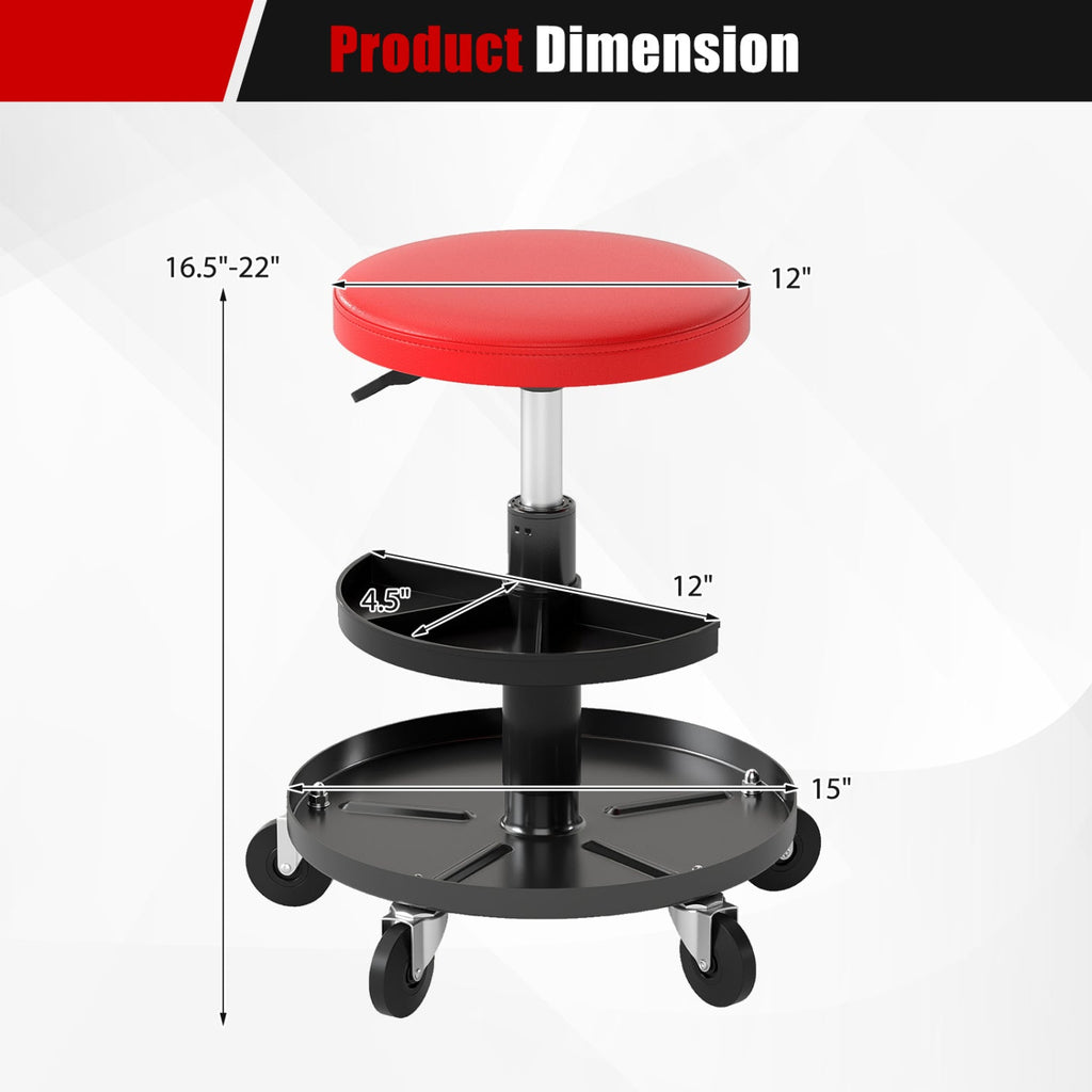 16.5 inches-22 inches Adjustable Height Seat Rolling Mechanic Stool with Wheels-Red