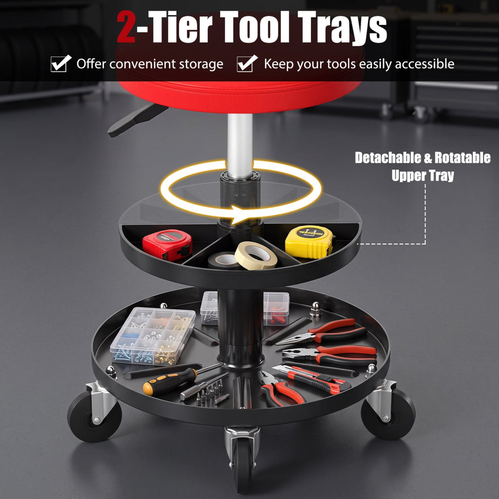 16.5 inches-22 inches Adjustable Height Seat Rolling Mechanic Stool with Wheels-Red