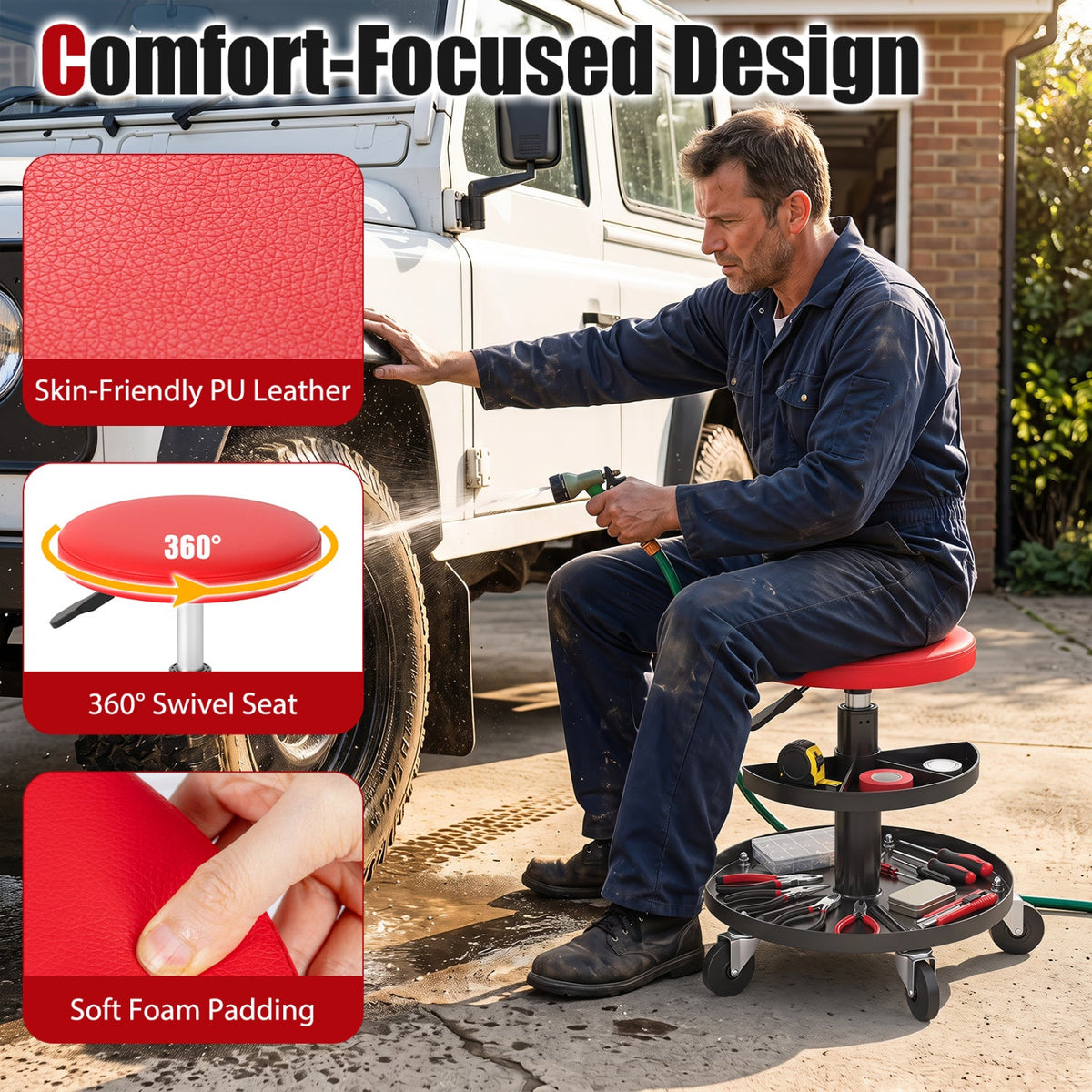 16.5 inches-22 inches Adjustable Height Seat Rolling Mechanic Stool with Wheels-Red