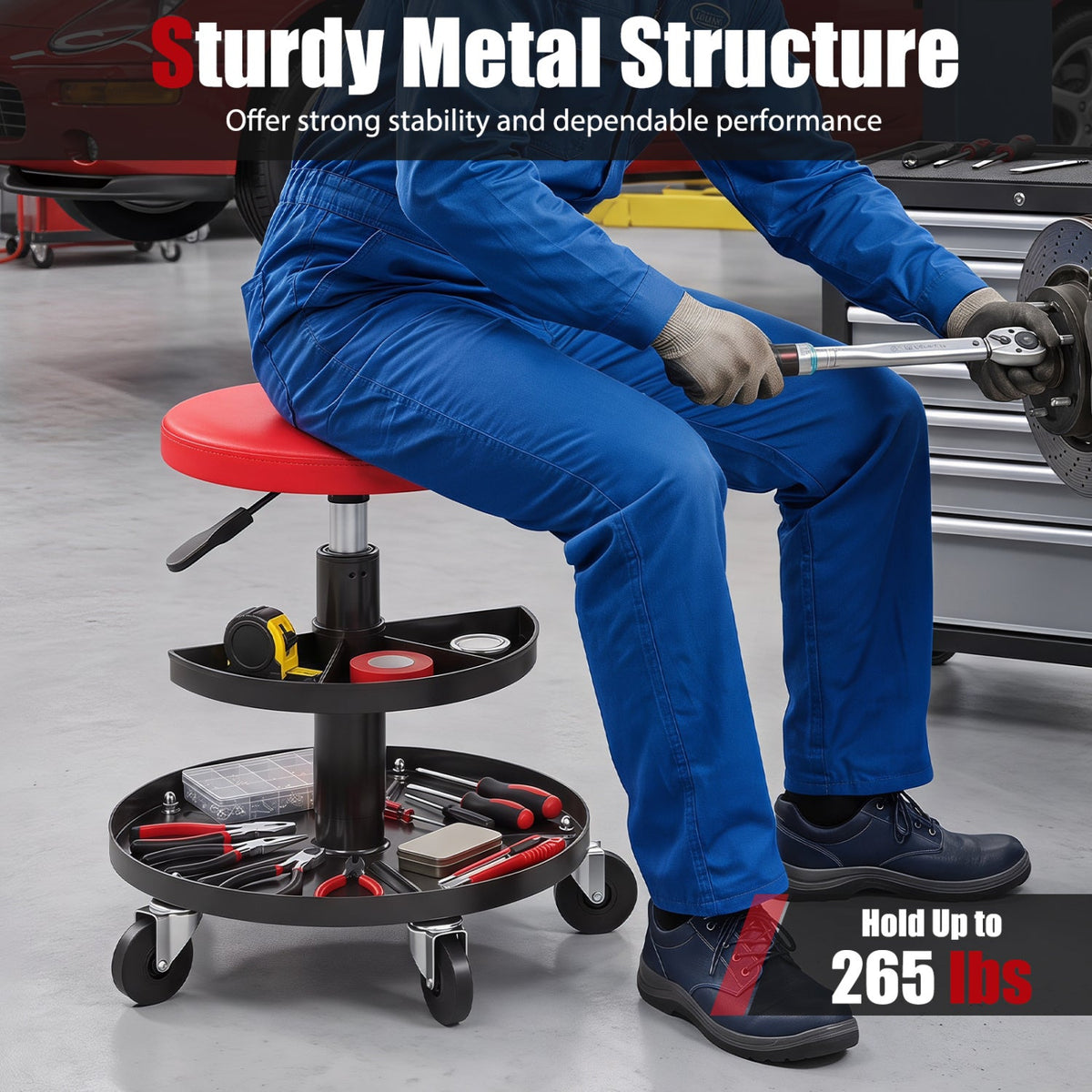 16.5 inches-22 inches Adjustable Height Seat Rolling Mechanic Stool with Wheels-Red