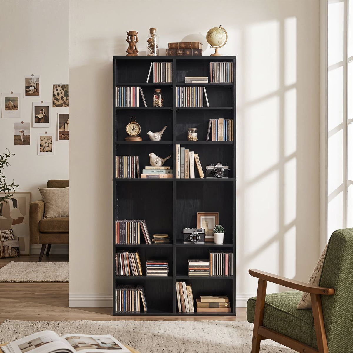 16 Compartment CD Storage Unit 54 inches Freestanding Open Display Shelf with 12 Removable Shelves-Black