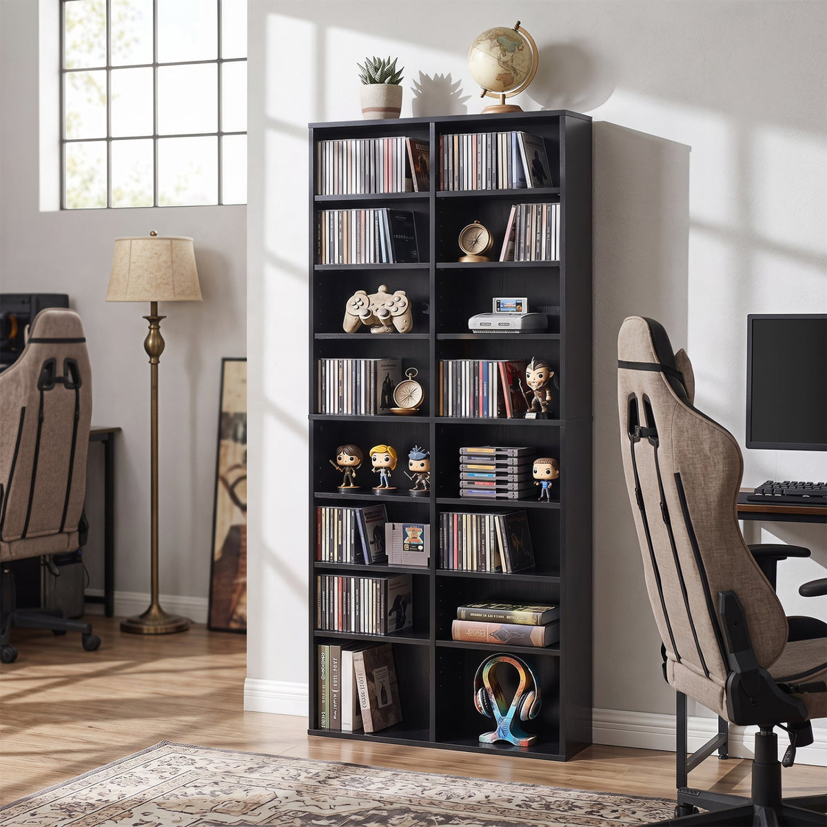 16 Compartment CD Storage Unit 54 inches Freestanding Open Display Shelf with 12 Removable Shelves-Black
