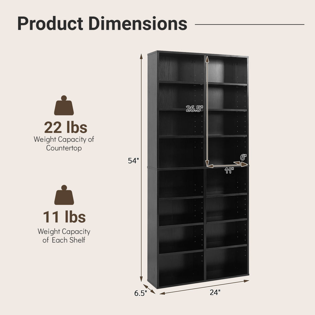 16 Compartment CD Storage Unit 54 inches Freestanding Open Display Shelf with 12 Removable Shelves-Black