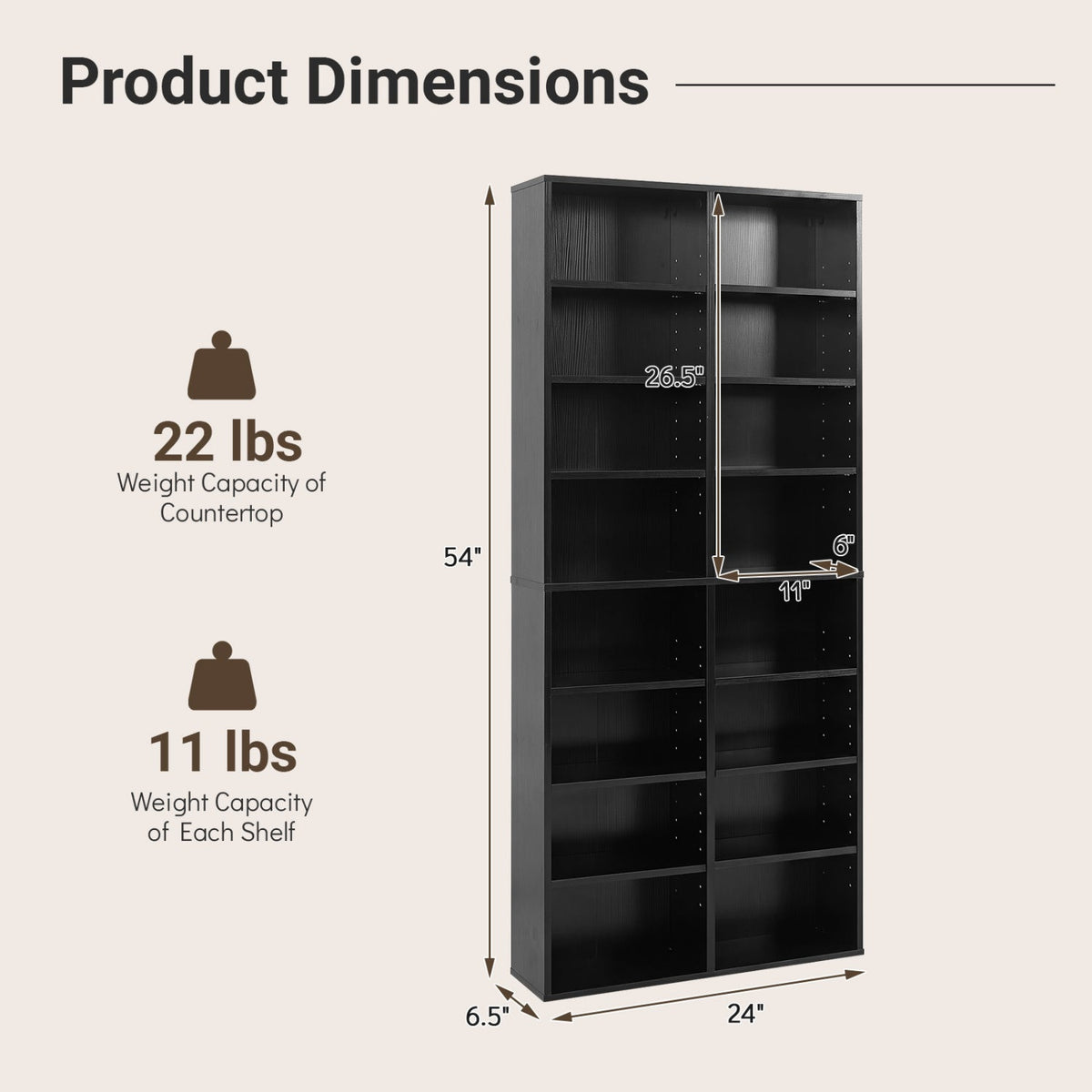 16 Compartment CD Storage Unit 54 inches Freestanding Open Display Shelf with 12 Removable Shelves-Black