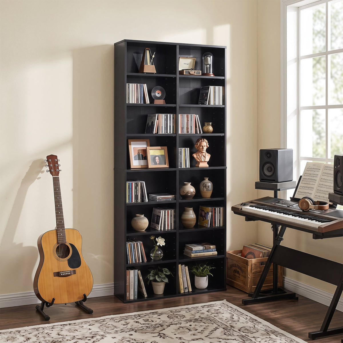 16 Compartment CD Storage Unit 54 inches Freestanding Open Display Shelf with 12 Removable Shelves-Black