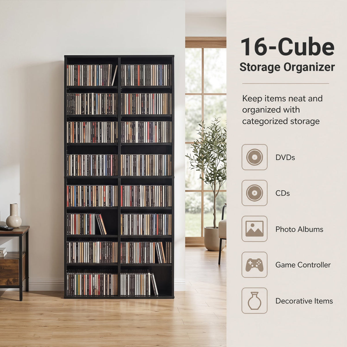 16 Compartment CD Storage Unit 54 inches Freestanding Open Display Shelf with 12 Removable Shelves-Black