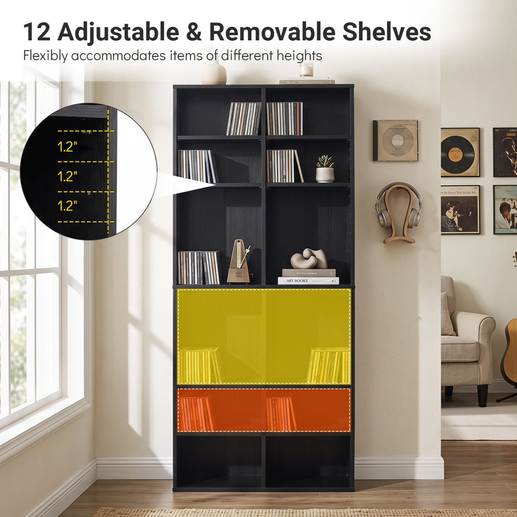 16 Compartment CD Storage Unit 54 inches Freestanding Open Display Shelf with 12 Removable Shelves-Black