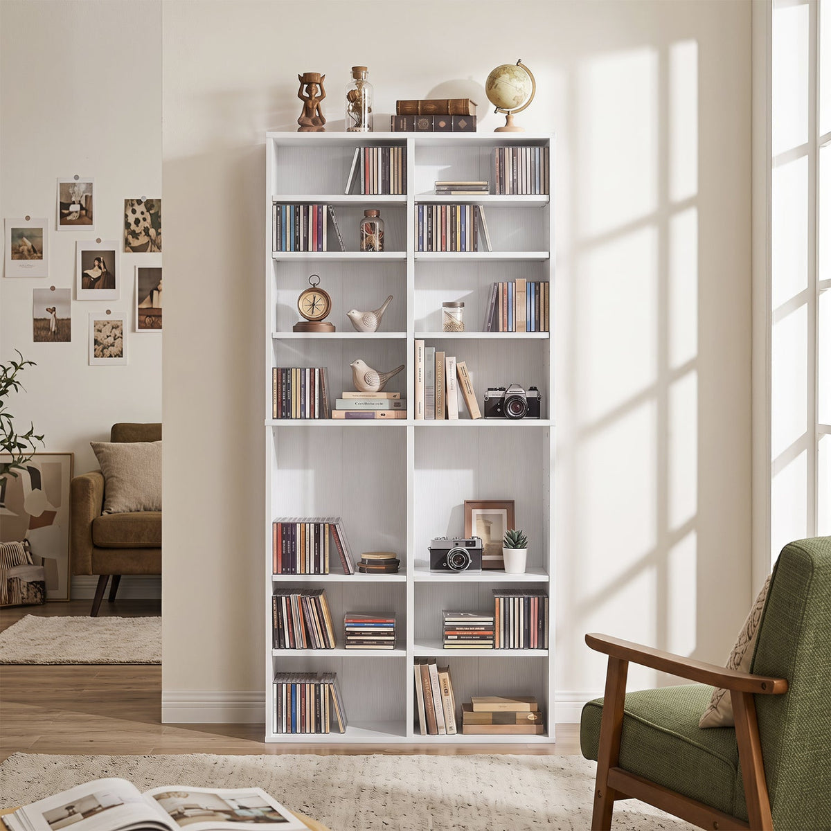 16 Compartment CD Storage Unit 54 inches Freestanding Open Display Shelf with 12 Removable Shelves-White