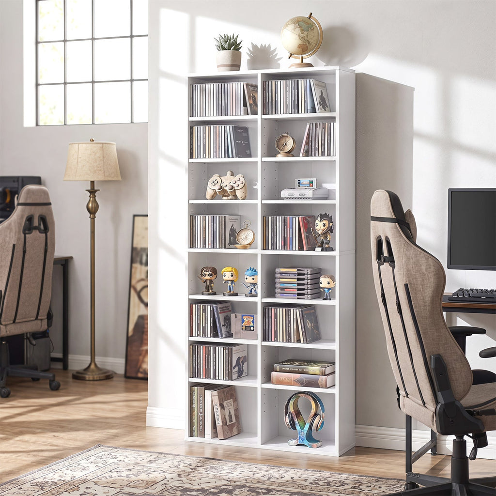 16 Compartment CD Storage Unit 54 inches Freestanding Open Display Shelf with 12 Removable Shelves-White