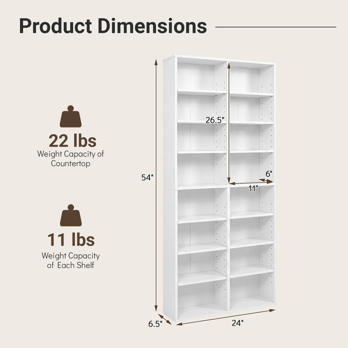 16 Compartment CD Storage Unit 54 inches Freestanding Open Display Shelf with 12 Removable Shelves-White