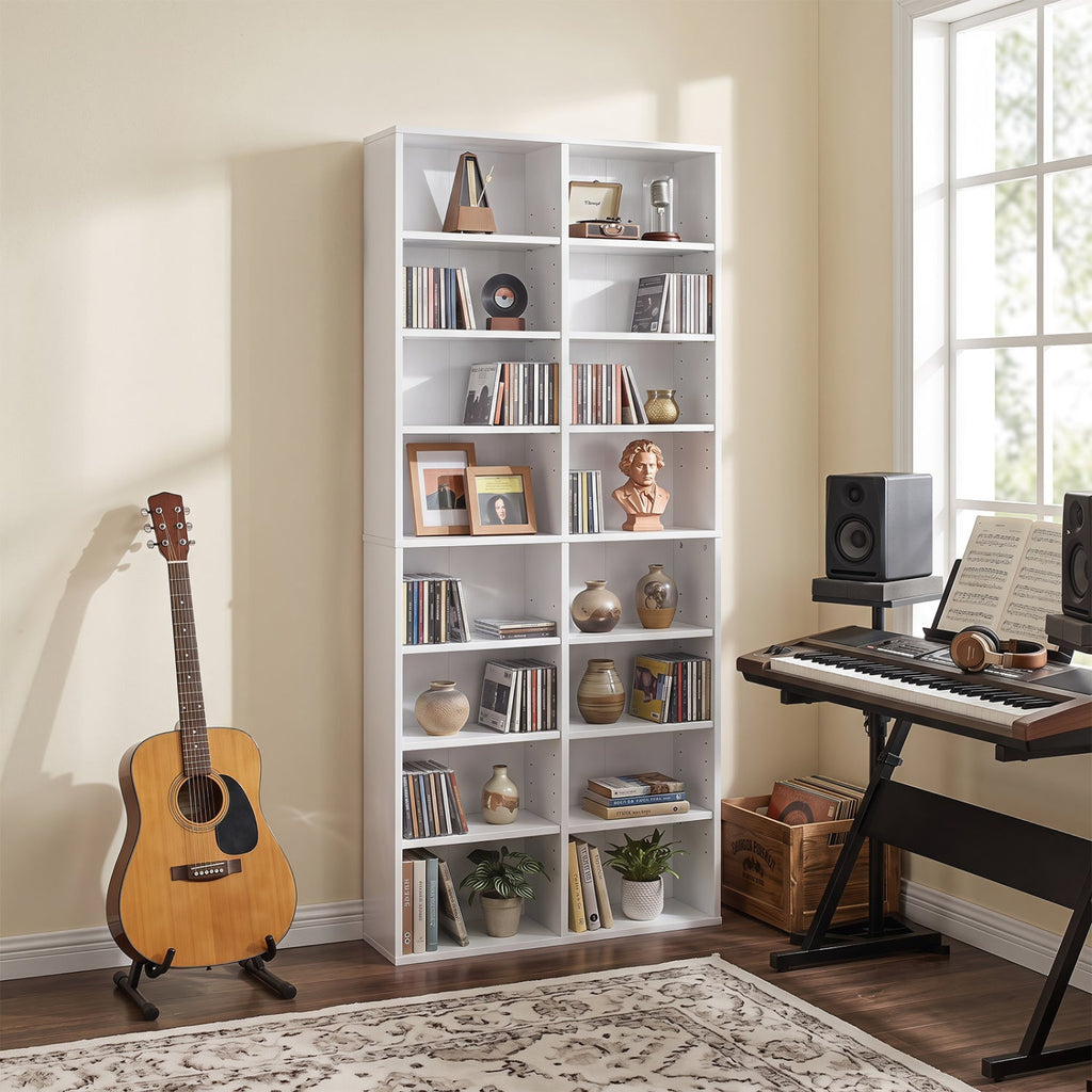 16 Compartment CD Storage Unit 54 inches Freestanding Open Display Shelf with 12 Removable Shelves-White