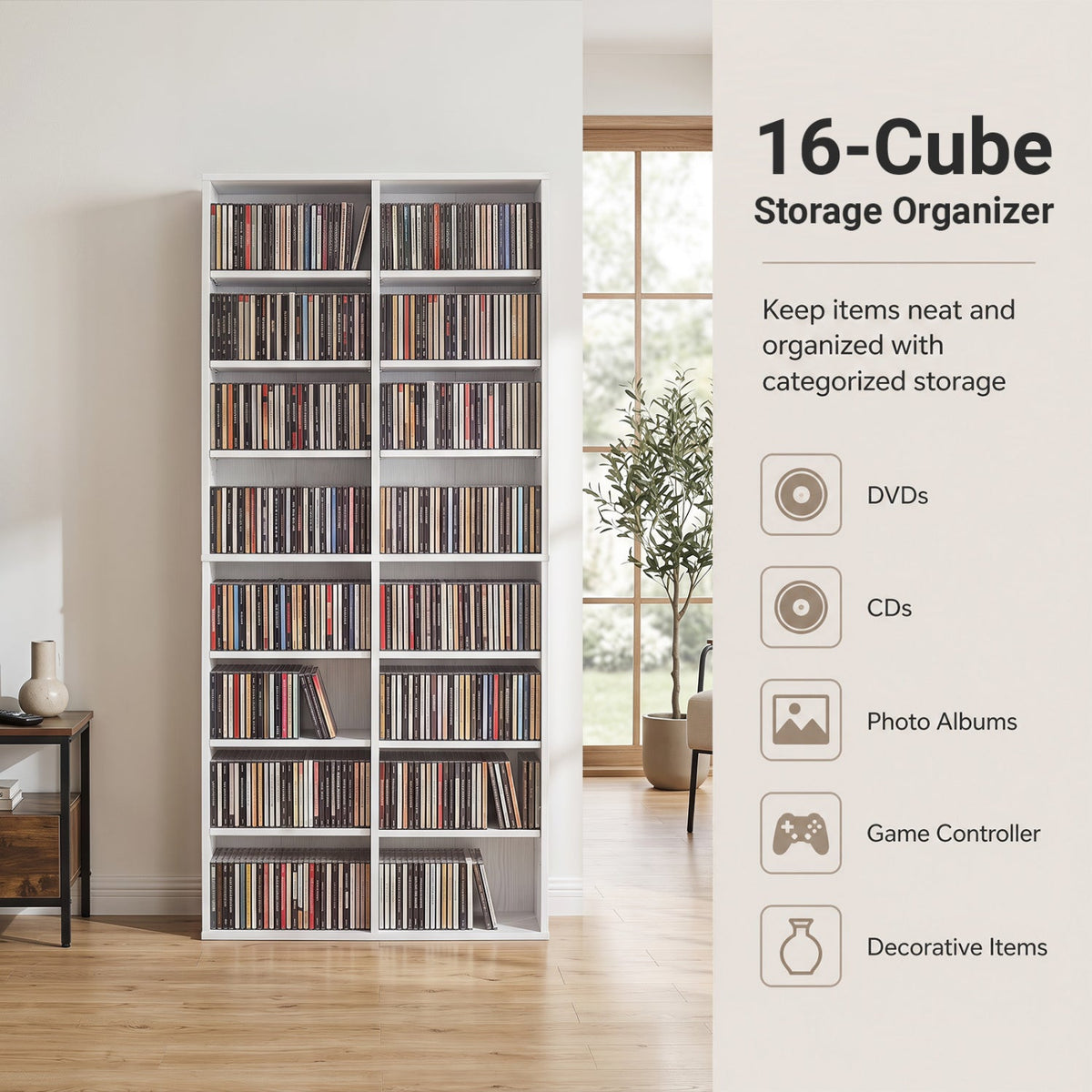 16 Compartment CD Storage Unit 54 inches Freestanding Open Display Shelf with 12 Removable Shelves-White