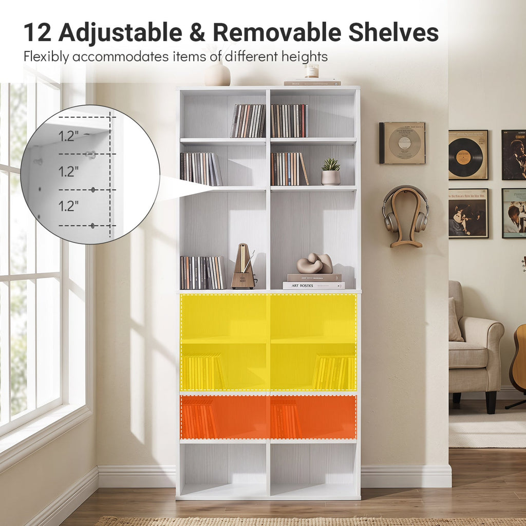 16 Compartment CD Storage Unit 54 inches Freestanding Open Display Shelf with 12 Removable Shelves-White