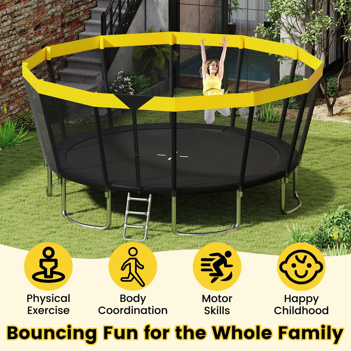16 FT Outdoor Trampoline ASTM Compliant Recreational Trampoline with Non-Slip Ladder-Yellow