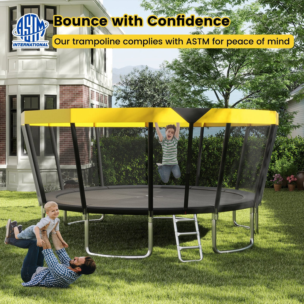 16 FT Outdoor Trampoline ASTM Compliant Recreational Trampoline with Non-Slip Ladder-Yellow