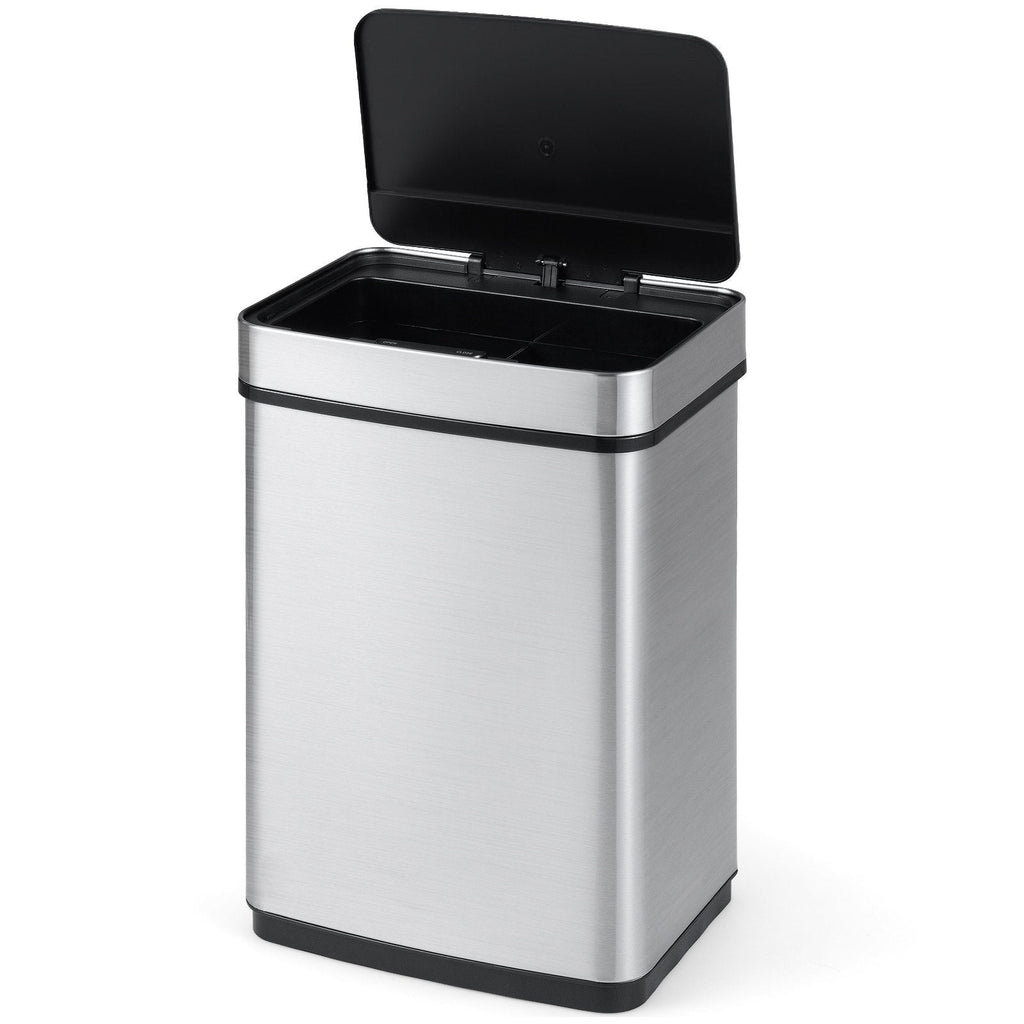 16 Gallon Trash Can Infrared Motion Sensor Garbage Can with Dual Compartments-Silver