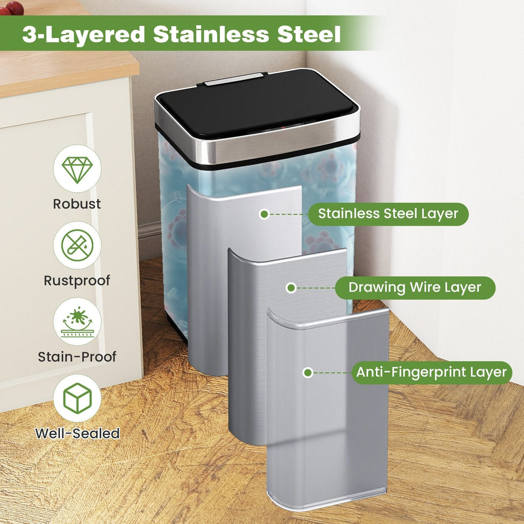 16 Gallon Trash Can Infrared Motion Sensor Garbage Can with Dual Compartments-Silver