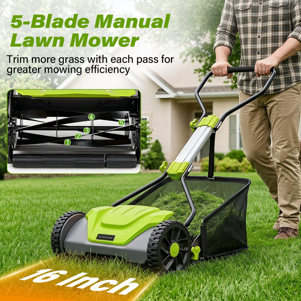 16 Inch Adjustable Cutting Heights 5-Blade Push Reel Lawn Mower with 8 Gal Removable Grass Catcher Bag-Green