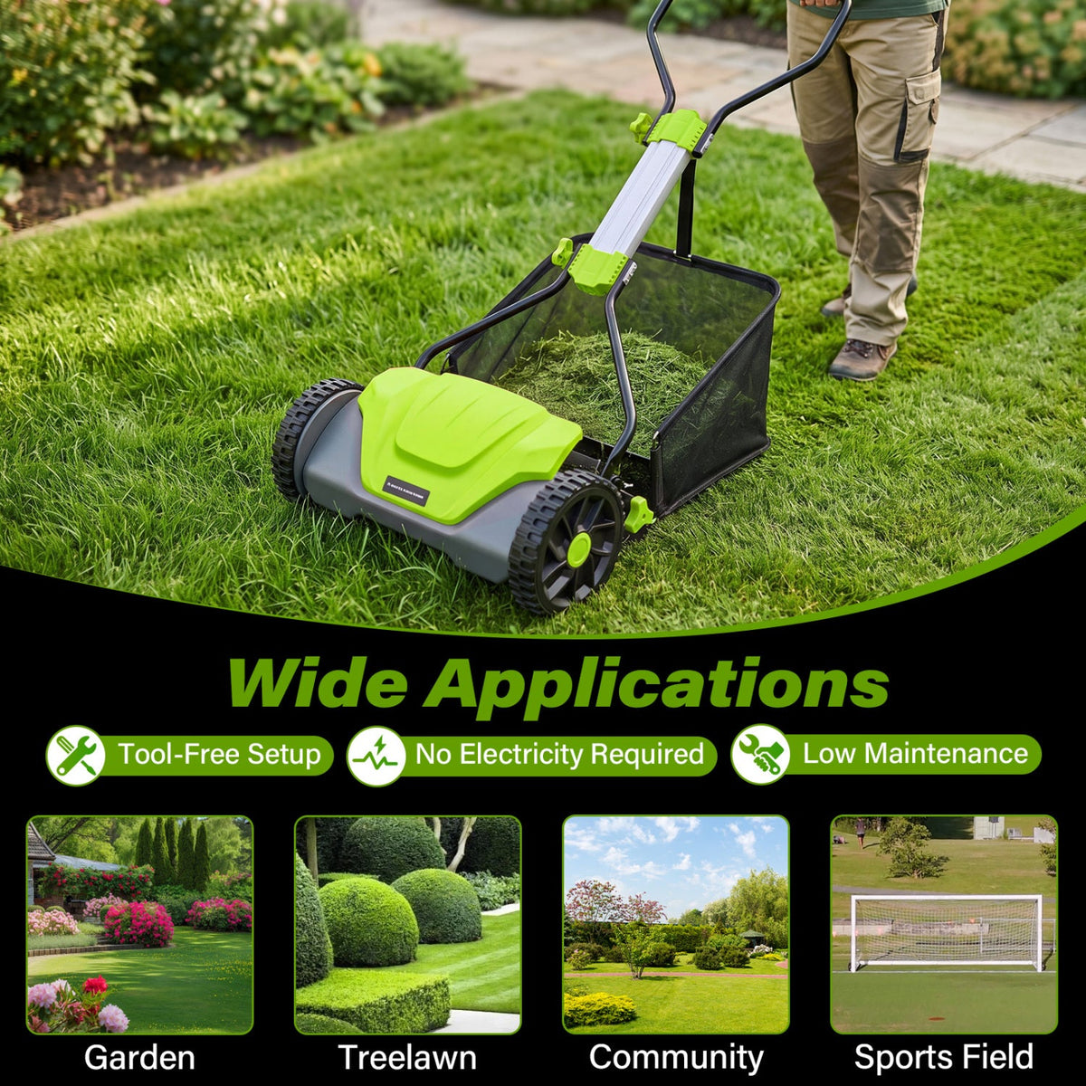 16 Inch Adjustable Cutting Heights 5-Blade Push Reel Lawn Mower with 8 Gal Removable Grass Catcher Bag-Green