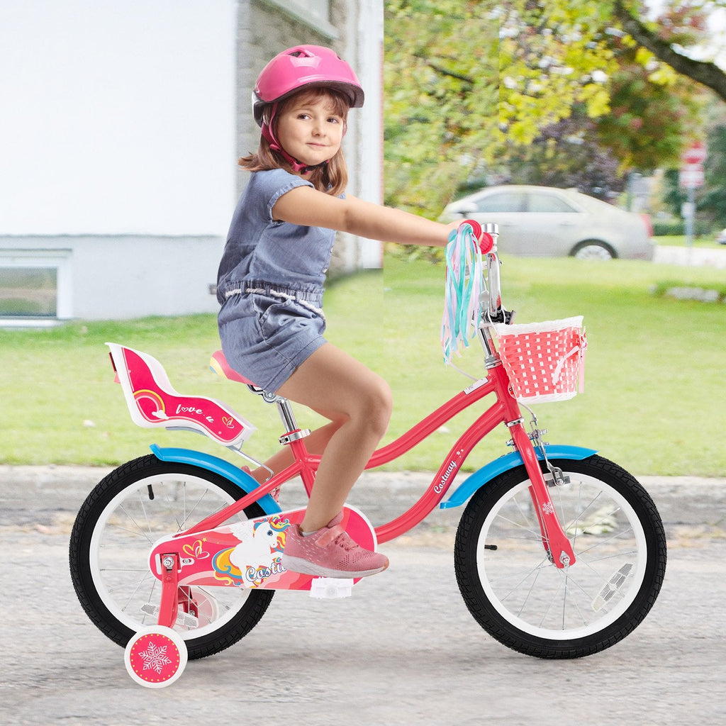 16 Inch Girls Bike with Doll Seat, Basket and Training Wheels, Pink