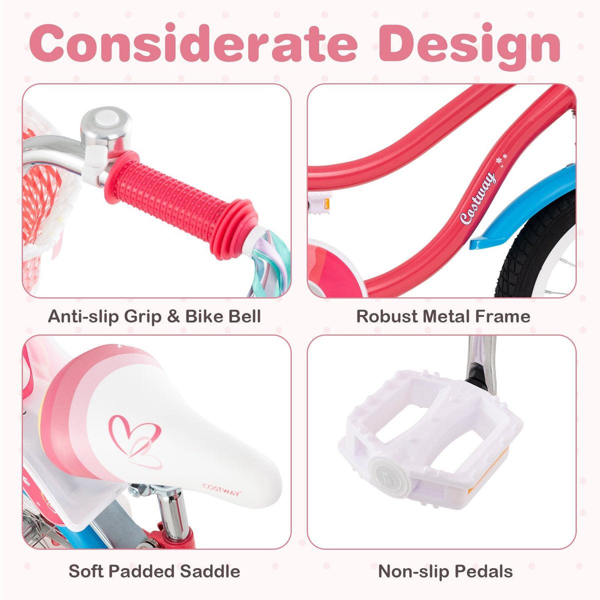16 Inch Girls Bike with Doll Seat, Basket and Training Wheels, Pink