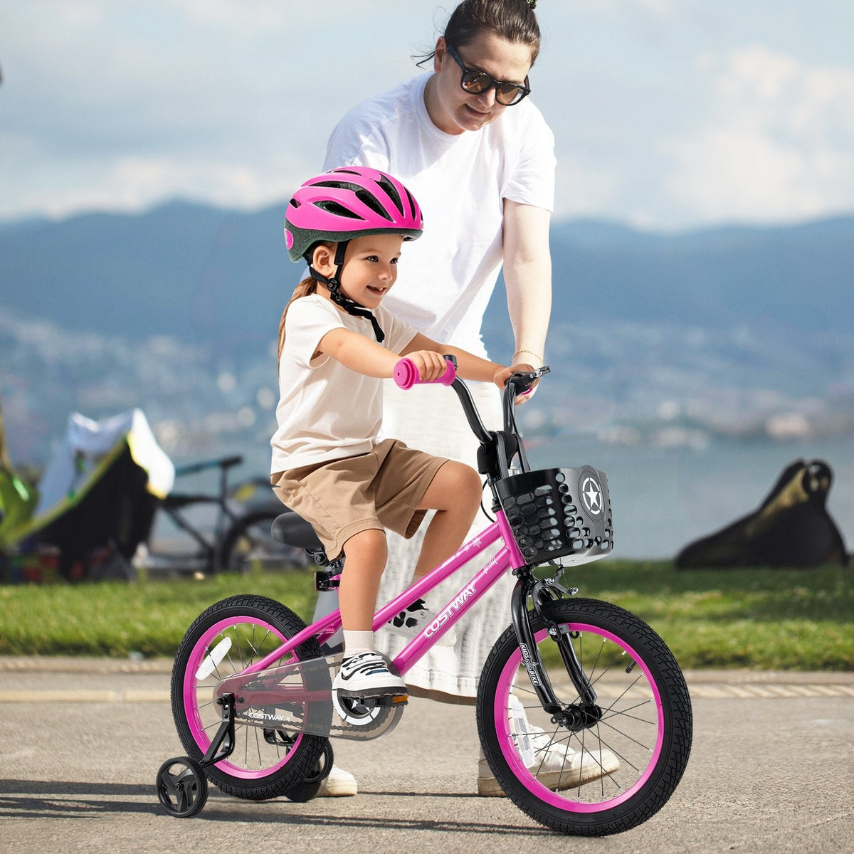 16 Inch Kids Bike with Front Basket and Training Wheels, Pink