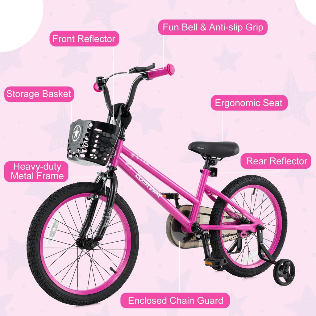 16 Inch Kids Bike with Front Basket and Training Wheels, Pink