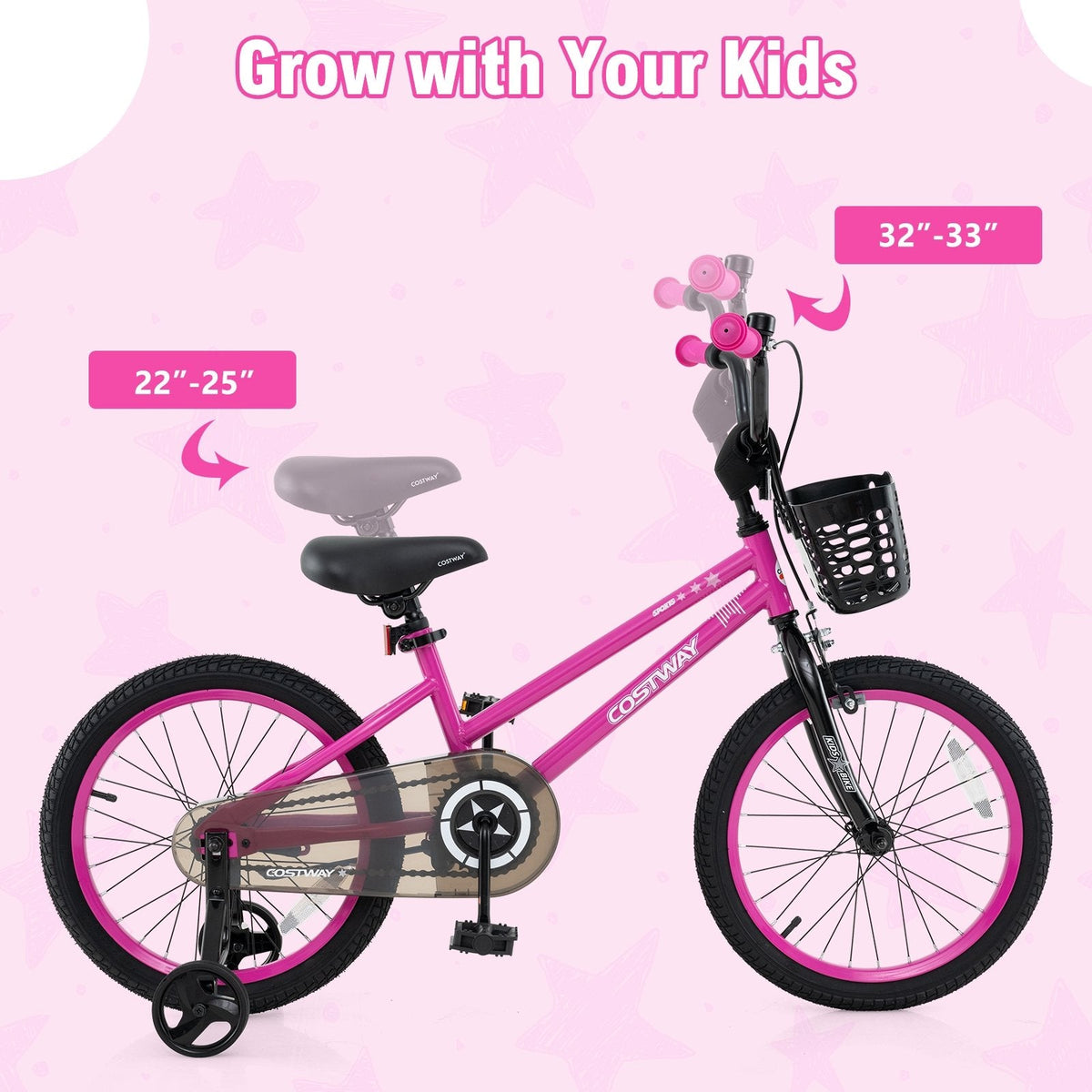 16 Inch Kids Bike with Front Basket and Training Wheels, Pink