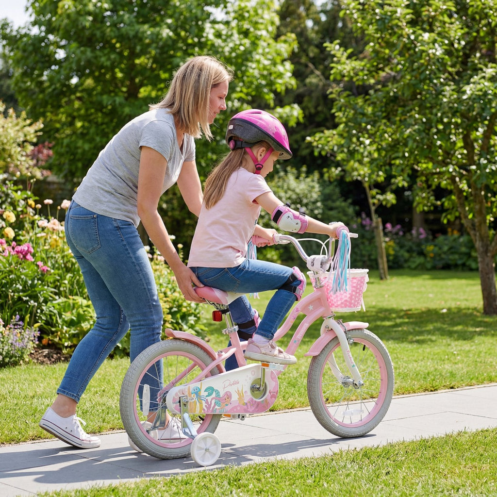 16 Inch Girls Bike with Basket, Streamers and Training Wheels, Mermaid Theme, Pink
